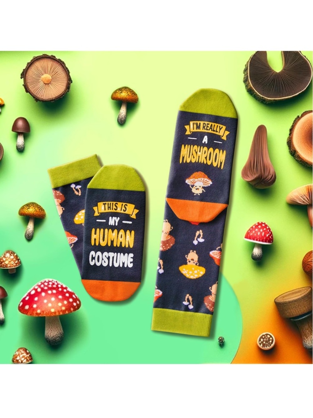 Men's Black & Orange 'This Is My Human Costume / I'm Really A Mushroom' Socks